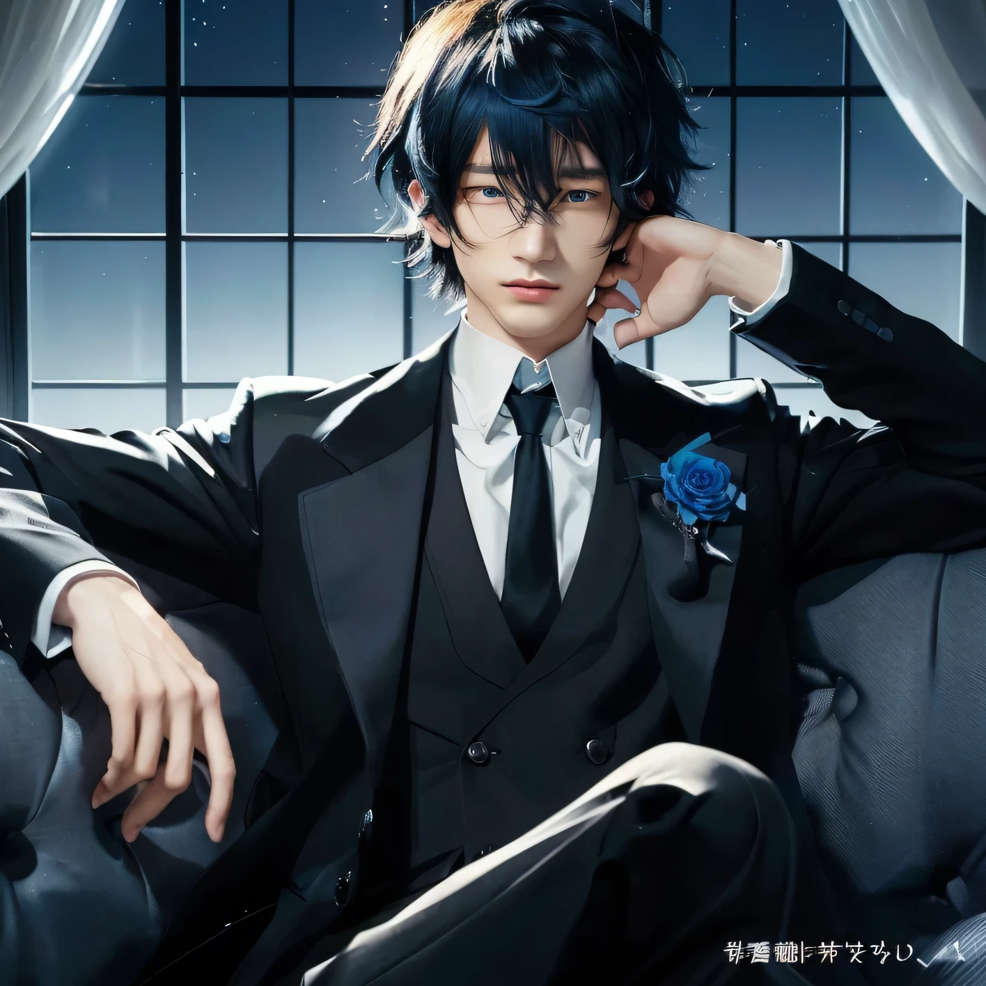 Handsome anime boy in a suit sitting on a couch in front of a window, Medium black and dark blue hair, blue eyes, cool facial expression, There is a blue flower pin near the left jacket pocket, inspired by Osamu dazai, handsome anime pose, tall anime guy with blue eyes, anime handsome man, male anime style, anime boy, male anime character, inspired by Osamu dazai, young anime man