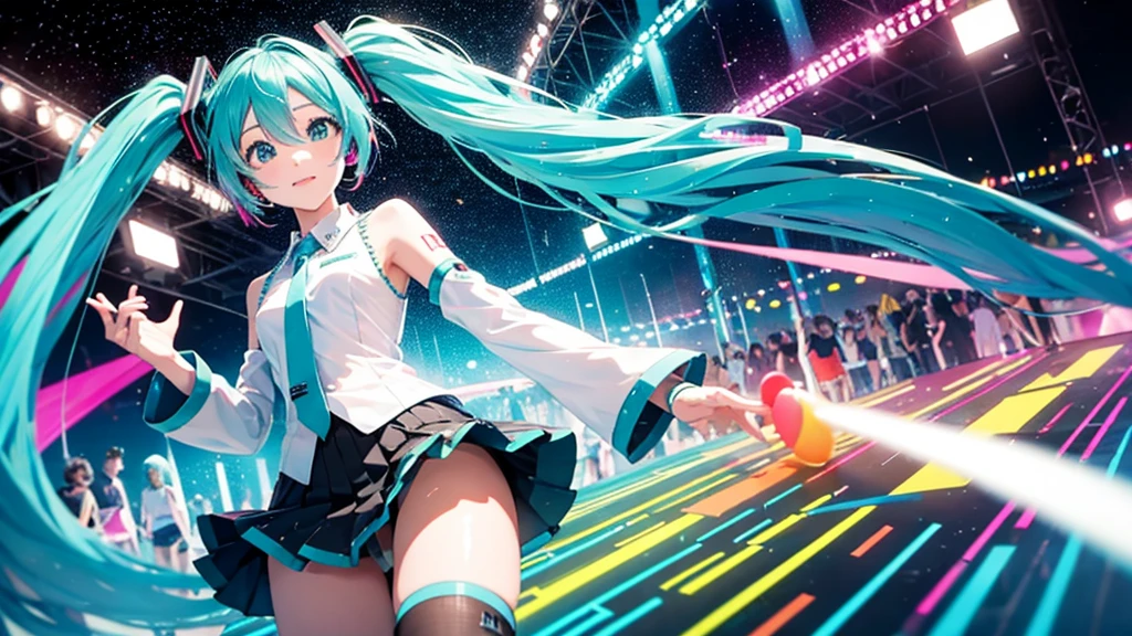 This painting depicts an active and colorful dance party scene featuring Hatsune Miku.。Colorful neon lights are shining all around.。