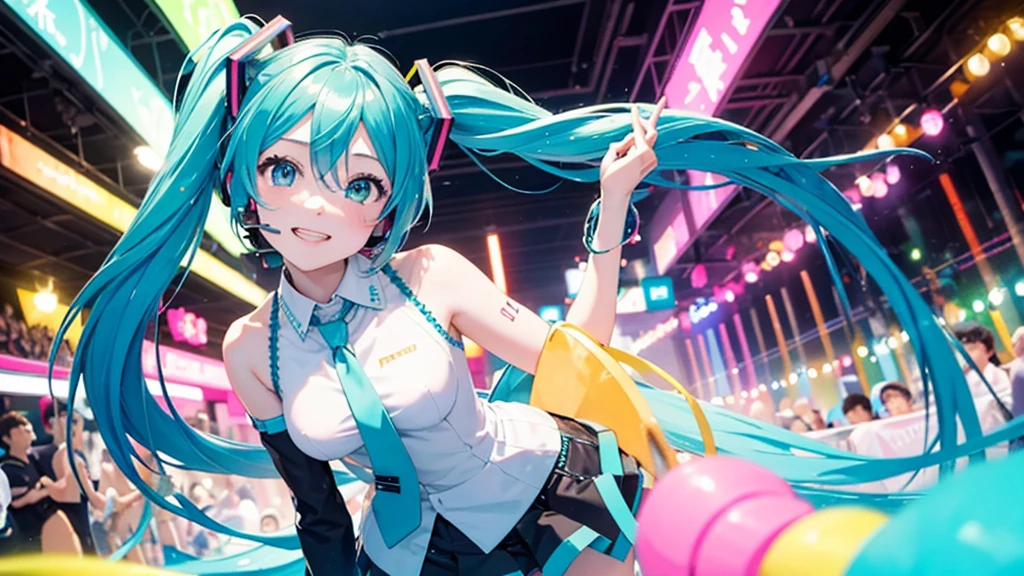 This painting depicts an active and colorful dance party scene featuring Hatsune Miku.。Colorful neon lights are shining all around.。