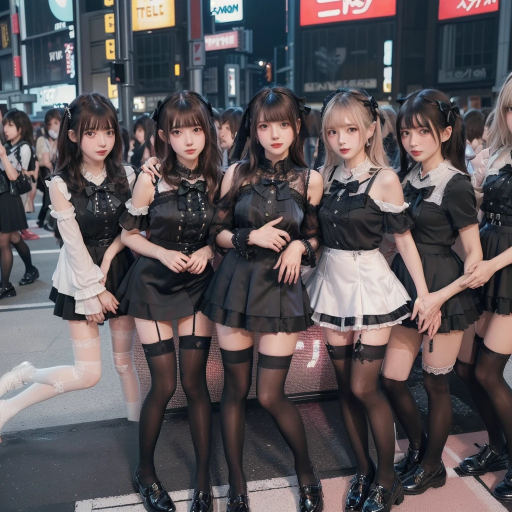8K resolution, surreal, Super detailed, high quality, perfect anatomy, jammed, (5 girls)++, group shot, grin, smiling, Phenomenally cute, perfect proportion, full body, (((shiny black satin, high neck,  jirai fashion, short dress with many frills, Lace, micro mini skirt, bow ribbon)))+, (((bleached hair)))+, large breasts, ((crowded with girls)), laying, ((At the middle of most crowded Shibuya Scramble Crossing at late night:1.2)), ((see-through black thighhighs))+
