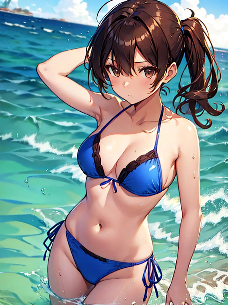 Beautiful illustrations、Highest quality、From you_kantaicollection
brown_hair, ~ side_ponytail, brown_eye, short_hair, chest, length_hair、Blue Bikini、standing、The background is the coast