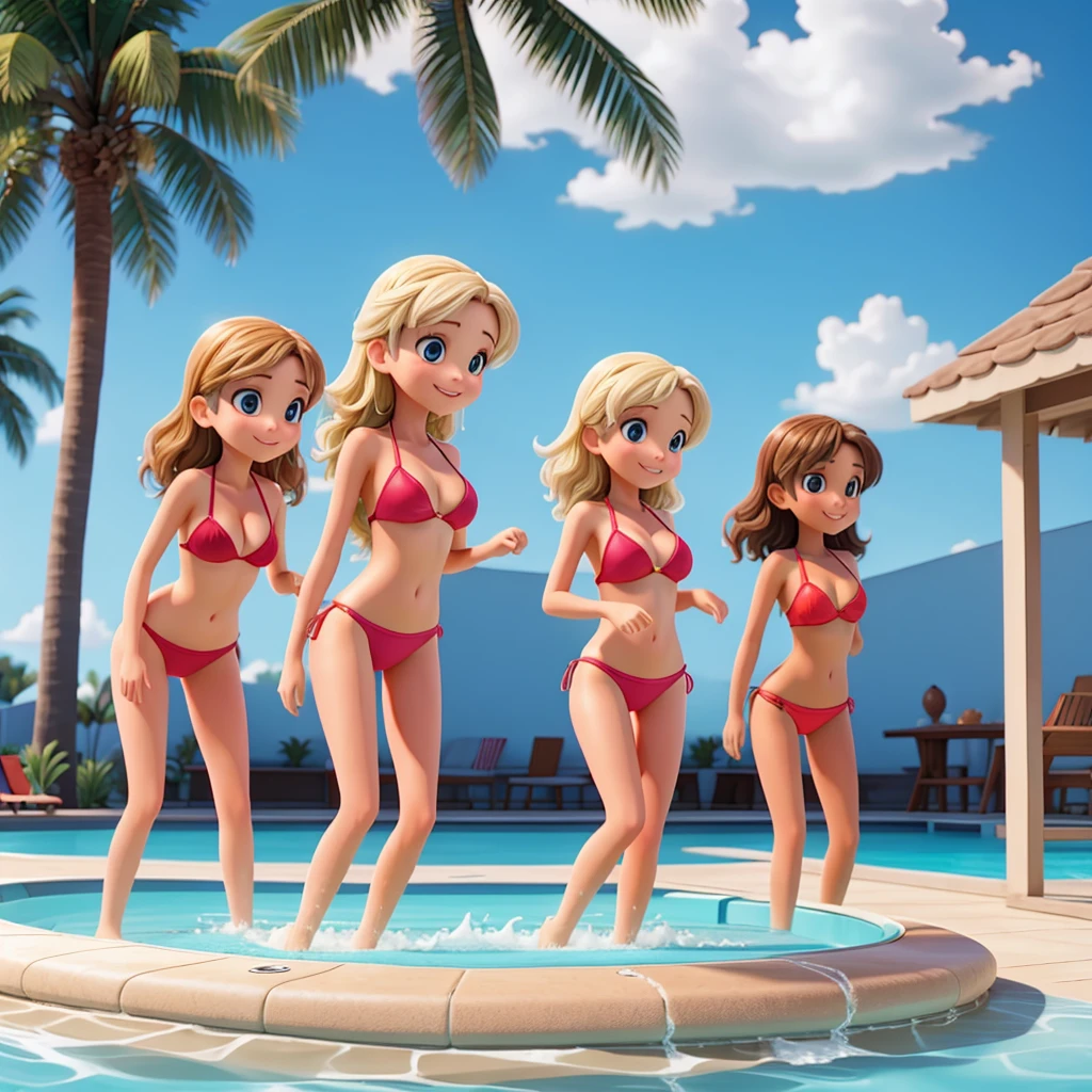 Variad beautiful and young girls in bikinis having fun in the pool with an older guy