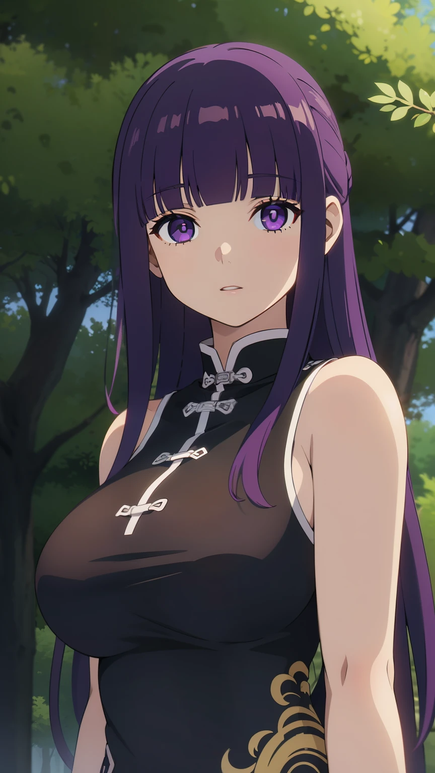 freirenfern, fern, purple hair, long hair, purple eyes, blunt bangs, side locks, half up, bright pupils, (large breasts, one girl), (masterpiece, highest quality, high resolution, 8K:1.2), (anime), super resolution, highly detailed and beautiful, highly detailed beautiful girl, highly detailed face, highly detailed eyes, perfect anatomy, cowboy shot, highly detailed cg unity 8k, (chinese cheongsam, forest),