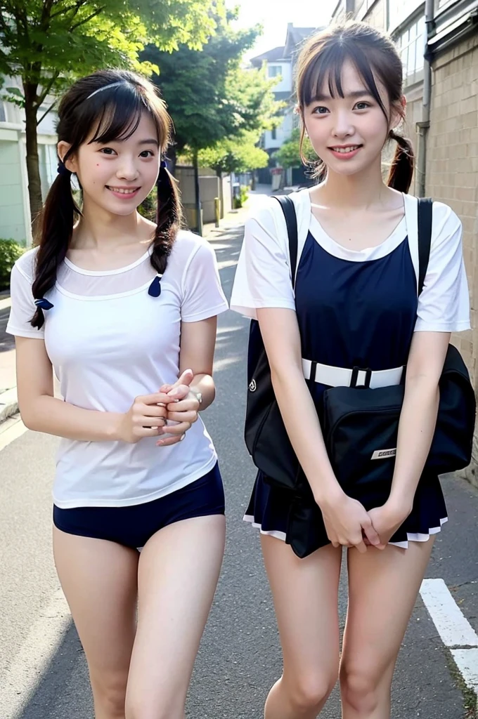girls walking in sunny Japanese school street,navy blue school swimsuit with camisole straps and white trim,student bag,18-year-old,bangs,a little smile,thighs,knees,short hair with low pigtails bunches,from before,front light