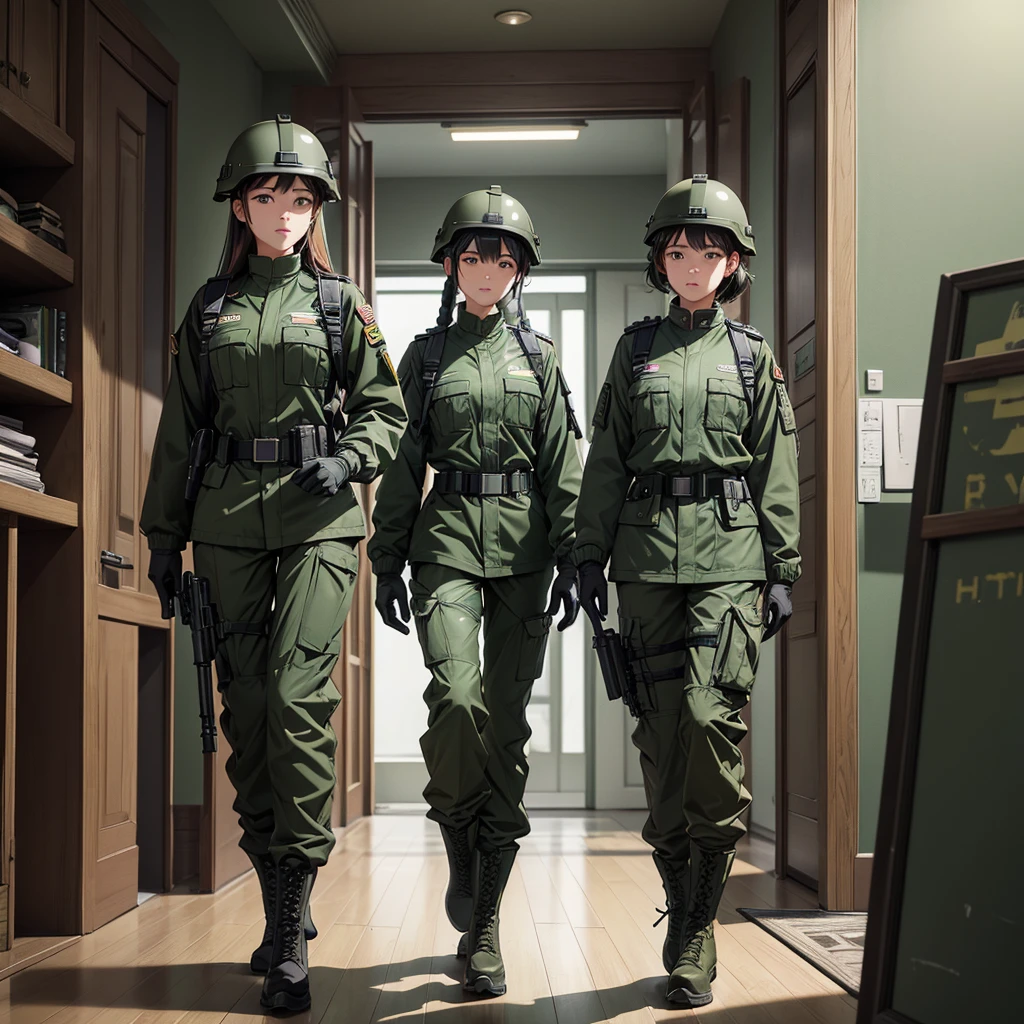 First-person perspective、Three female soldiers in helmets on patrol、 Wear dark green military windbreaker 、Military boots、Military Pants、Gloves、Interior corridors、Write details、masterpiece、best quality、Highly detailed CG、8K picture quality