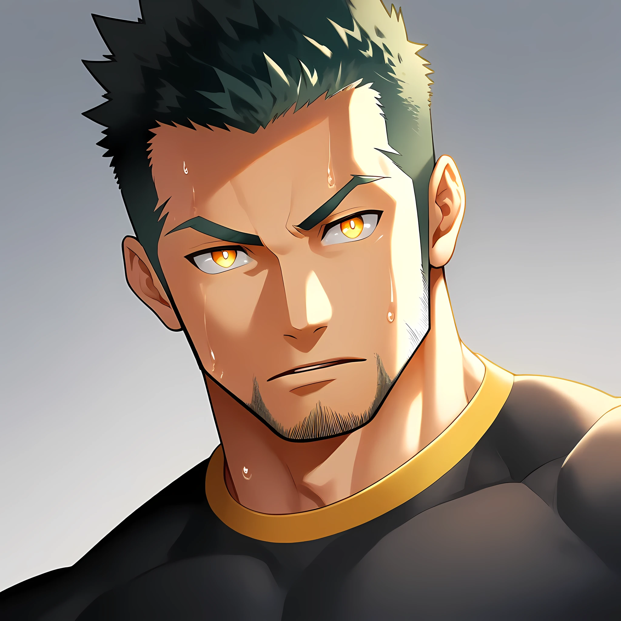 anime characters：Gyee, Priapus，Muscle Sports Student, 1 muscular tough guy, Manliness, male focus, Close-up of the side, Light yellow high collar long sleeve tight T-shirt, Very tight, The clothes were soaked with sweat, The pectoral muscles are oversized, Slightly transparent, muscular male, muscular, only, Upper body, alone, Black short hair, Thick eyebrows, stubble, Yellow eyes, Grey background, simple background, amazing quality, best aesthetics, Ridiculous, bright pupils, crew cut, parted lips, v-shaped eyebrows, jitome, disdain, drop shadow, best quality
