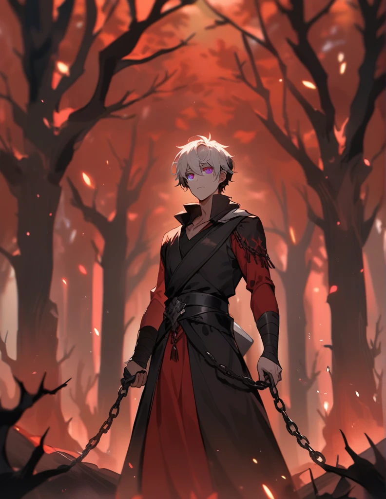 Greek boy with long white hair, violet eyes, with bandaged wrists, holding chains in one hand and facing a black horse with red manes, in a
red forest of dead trees