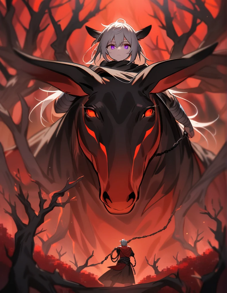 Greek boy with long white hair, violet eyes, with bandaged wrists, holding chains in one hand and facing a black horse with red manes, in a
 red forest of dead trees