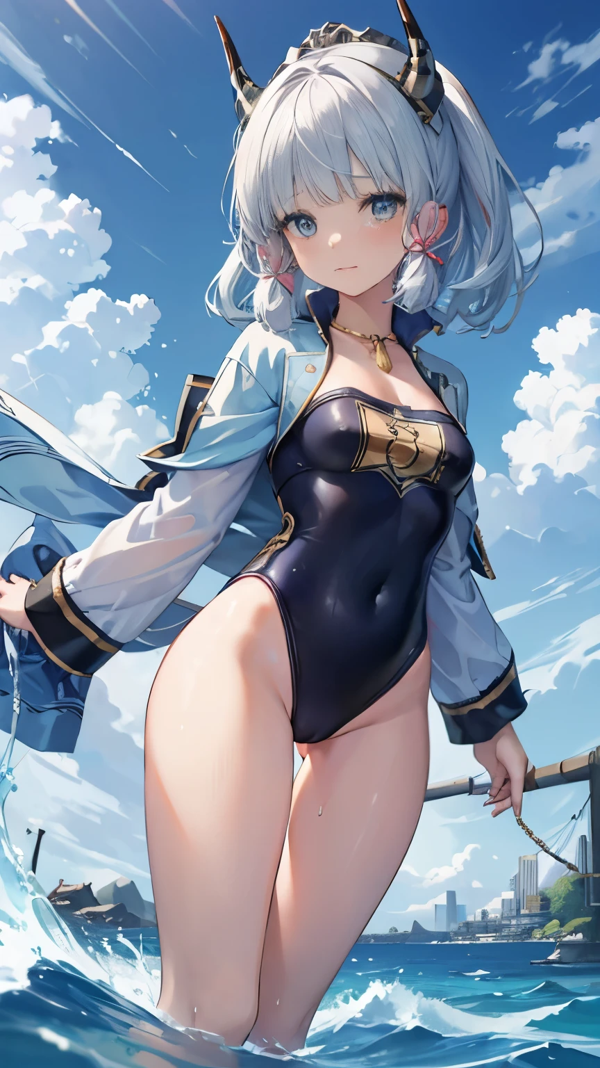 Highest quality:1.1)、(masterpiece:1.2)、(solo)、Close-up、Watching the viewer、Ocean、summer、Swimwear,Flowing sweat,Silver Hair,horn,Girl,whole body,,Toned legs,,blue sky