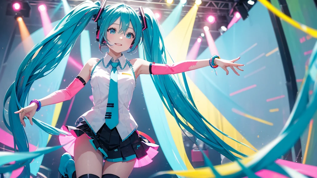 This painting depicts an active and colorful dance party scene featuring Hatsune Miku.。Colorful neon lights are shining all around.。