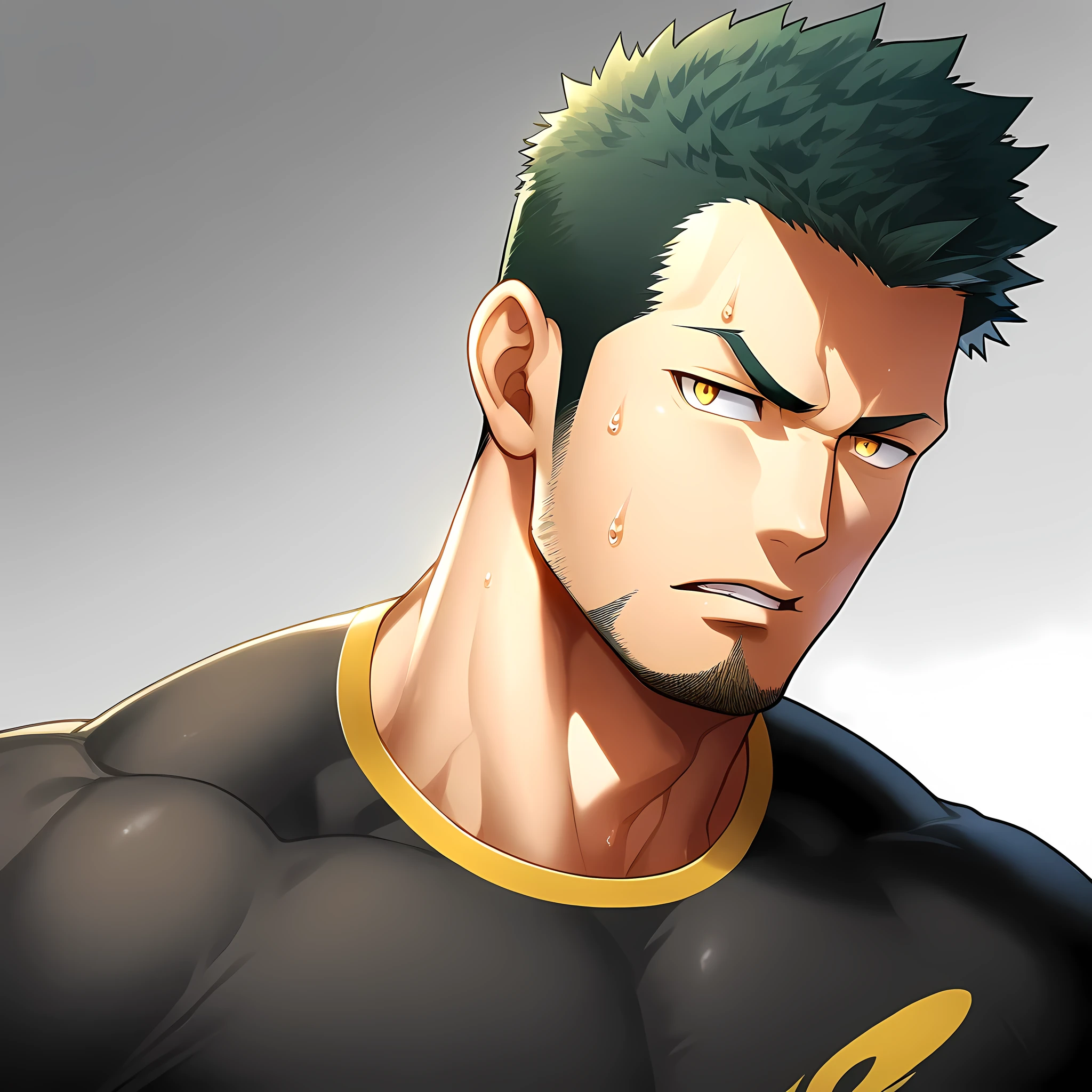anime characters:Gyee, Priapus,Muscle Sports Student, 1 muscular tough guy, Manliness, male focus, Close-up of the side, Light yellow high collar long sleeve tight T-shirt, Very tight, The clothes were soaked with sweat, The pectoral muscles are oversized, Slightly transparent, muscular male, muscular, only, Upper body, alone, Black short hair, Thick eyebrows, stubble, Yellow eyes, Grey background, simple background, amazing quality, best aesthetics, Ridiculous, bright pupils, crew cut, parted lips, v-shaped eyebrows, jitome, disdain, drop shadow, best quality