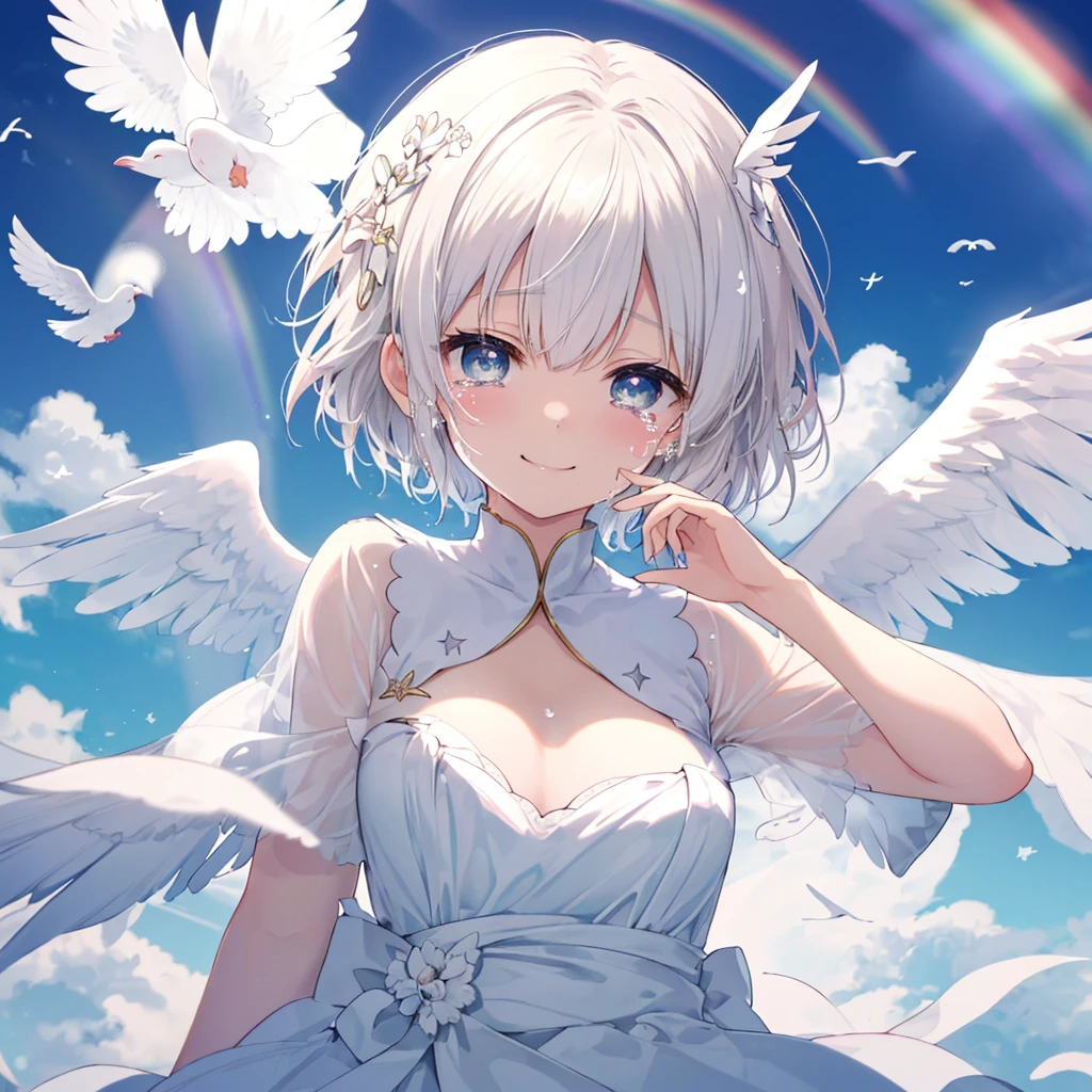 (((Extreme close-up tears smile Low - Angle Dove of peace Angel Halo))) ((輝くtears Rainbow Eyes Short Hair Receiving the light Rainbow light Place your hand on your chest Stretch your hand out towards me)) (Shining Edge Pillar of Light)