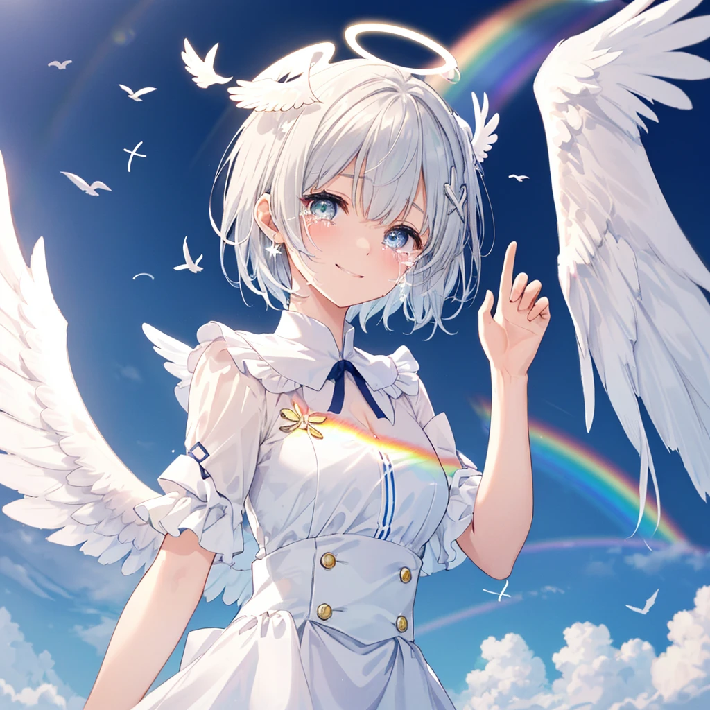(((Extreme close-up tears smile Low - Angle Dove of peace Angel Halo))) ((輝くtears Rainbow Eyes Short Hair Receiving the light Rainbow light Place your hand on your chest Stretch your hand out towards me)) (Shining Edge Pillar of Light)