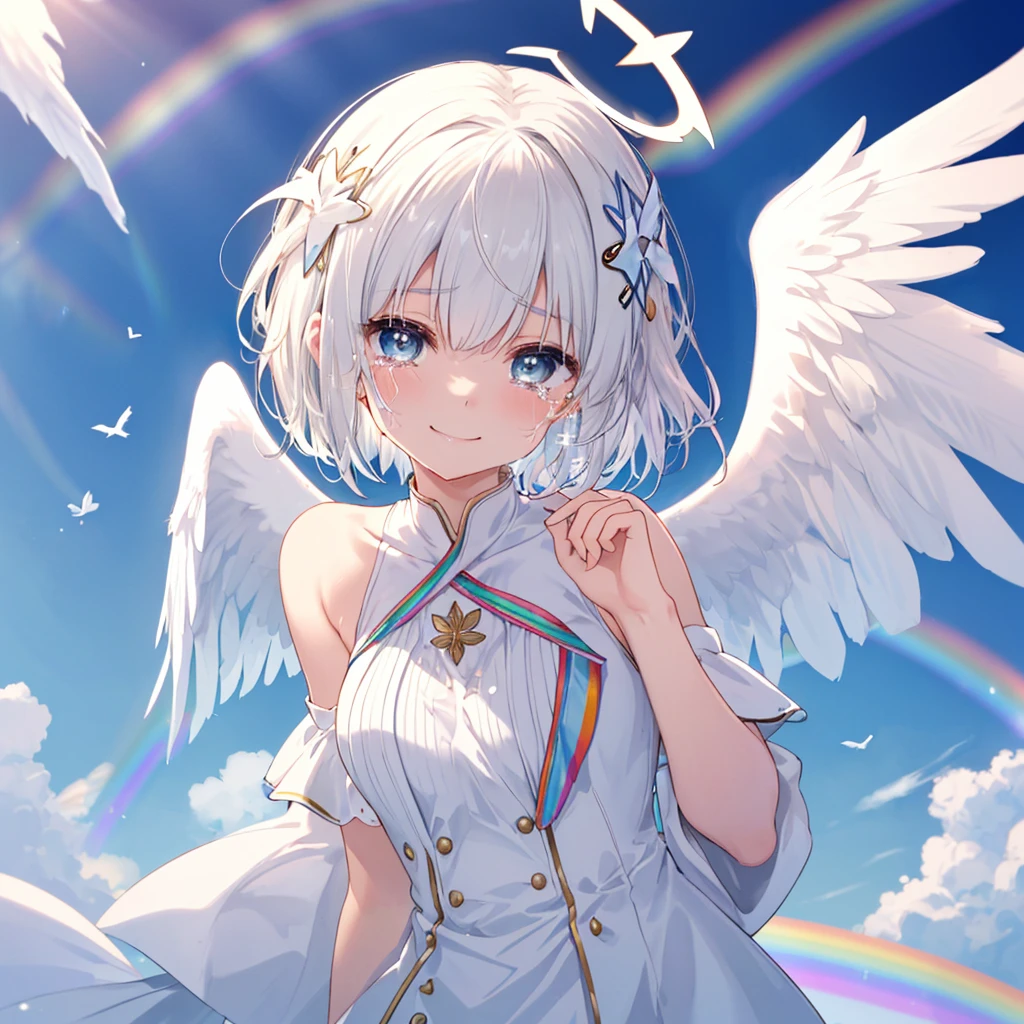 (((Extreme close-up tears smile Low - Angle Dove of peace Angel Halo))) ((輝くtears Rainbow Eyes Short Hair Receiving the light Rainbow light Place your hand on your chest Stretch your hand out towards me)) (Shining Edge Pillar of Light)