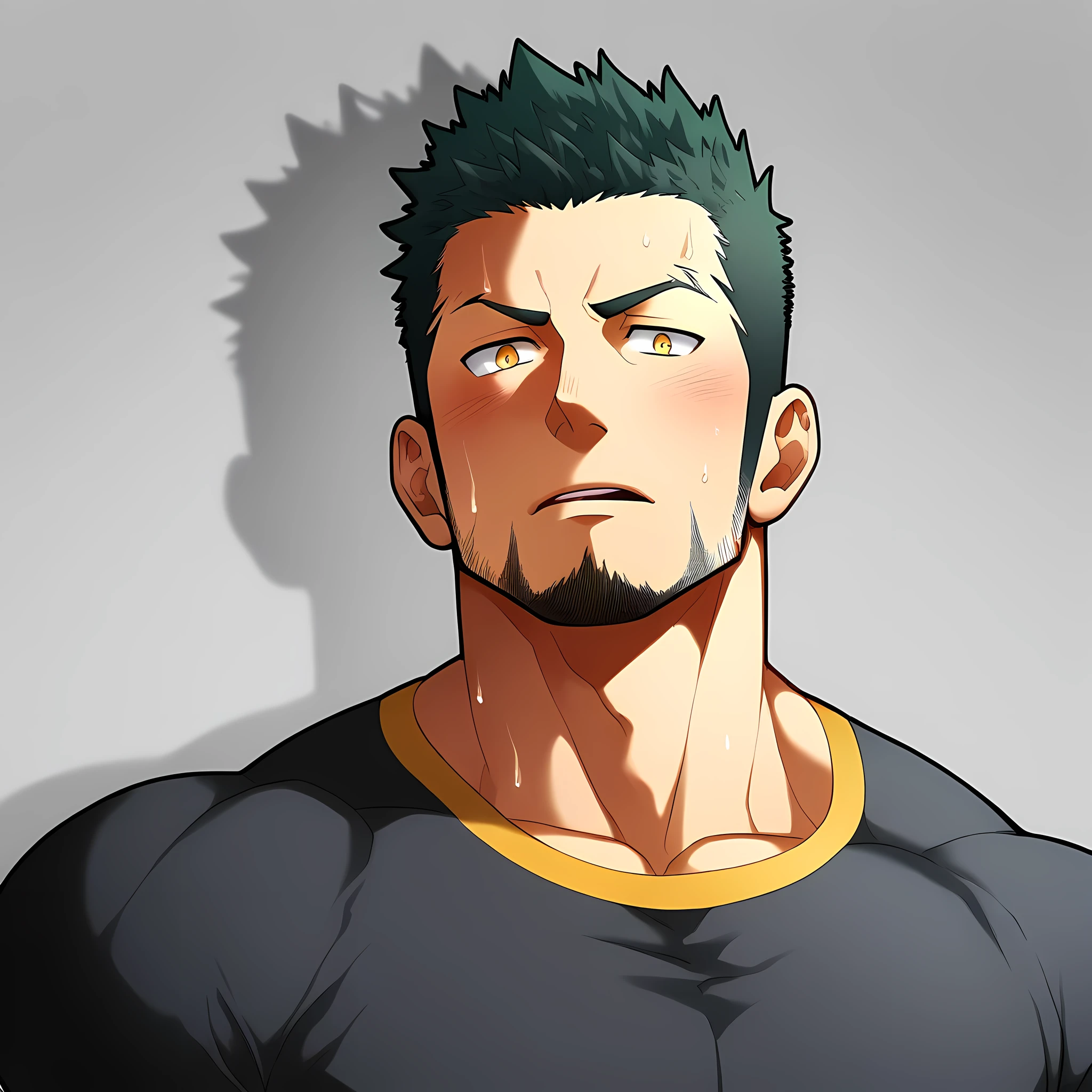 anime characters：Gyee, Priapus，Muscle Sports Student, 1 muscular tough guy, Manliness, male focus, Light yellow high collar long sleeve tight T-shirt, Very tight, The clothes were soaked with sweat, The pectoral muscles are oversized, Slightly transparent, muscular male, muscular, only, Upper body, alone, Black short hair, Thick eyebrows, stubble, Yellow eyes, Grey background, simple background, amazing quality, best aesthetics, Ridiculous, bright pupils, crew cut, parted lips, shy, blush, moaning, saliva trail, drop shadow, best quality