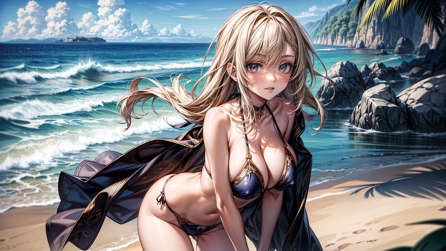 (masterpiece, Highest quality, Super detailed:1.3), Perfect composition, 4K, (Very detailed, Super detailed), bikini、横縞模様のbikini,青と白の縞模様bikini、 High resolution, 8k Texture, Attention to detail, Very detailed肌の質感, Magnificent details, High Sharpness, Two Girls, (Fine grain:1.3), (25-year-old woman:1.3), (skinny), (Big Breasts), Bright beach,、smile、(Running towards the sea)、View Viewer、reach for the viewer