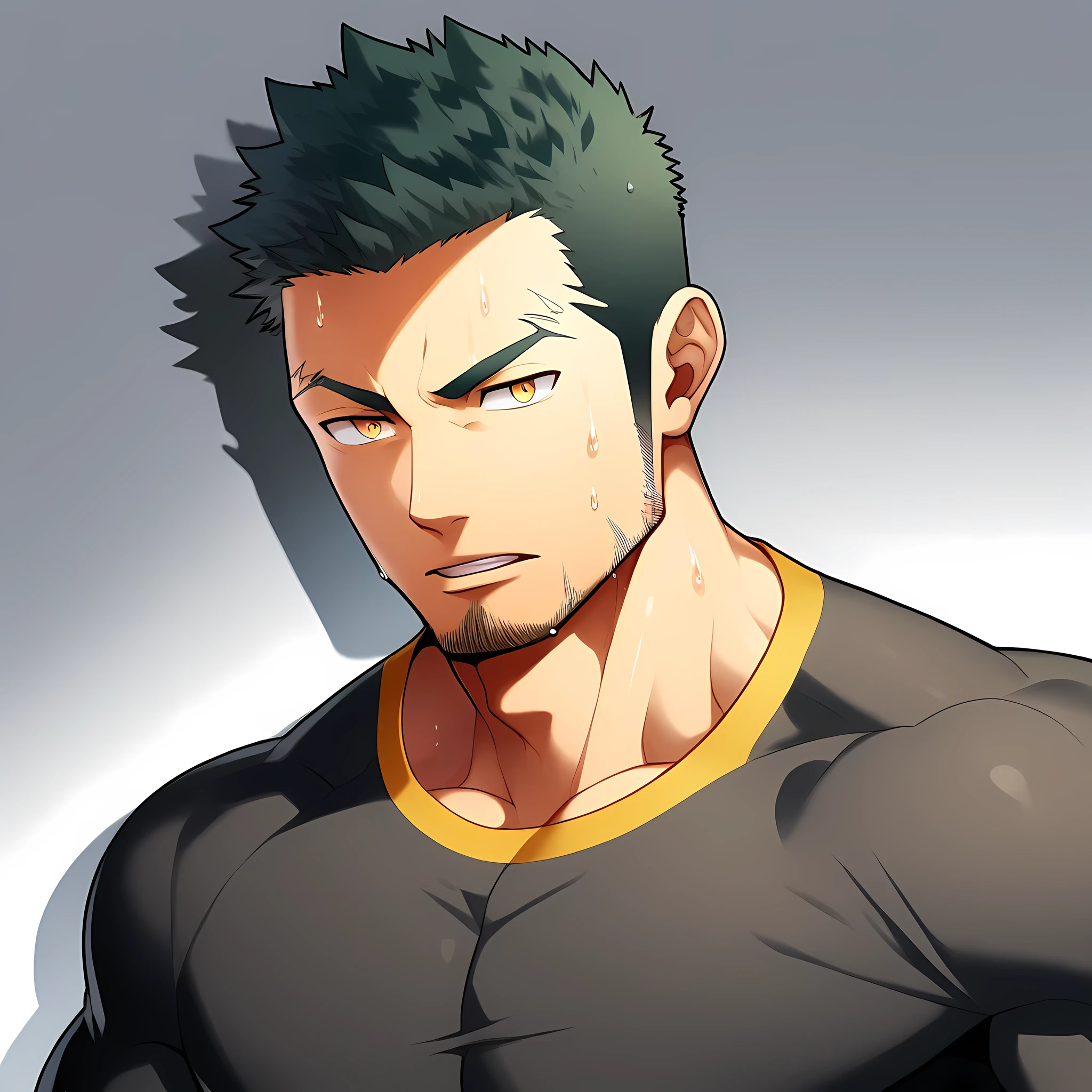 anime characters：Gyee, Priapus，Muscle Sports Student, 1 muscular tough guy, Manliness, male focus, Close-up of the side, Light yellow high collar long sleeve tight T-shirt, Very tight, The clothes were soaked with sweat, The pectoral muscles are oversized, Slightly transparent, muscular male, muscular, only, Upper body, alone, Black short hair, Thick eyebrows, stubble, Yellow eyes, Grey background, simple background, amazing quality, best aesthetics, Ridiculous, bright pupils, crew cut, parted lips, v-shaped eyebrows, jitome, disdain, drop shadow, best quality