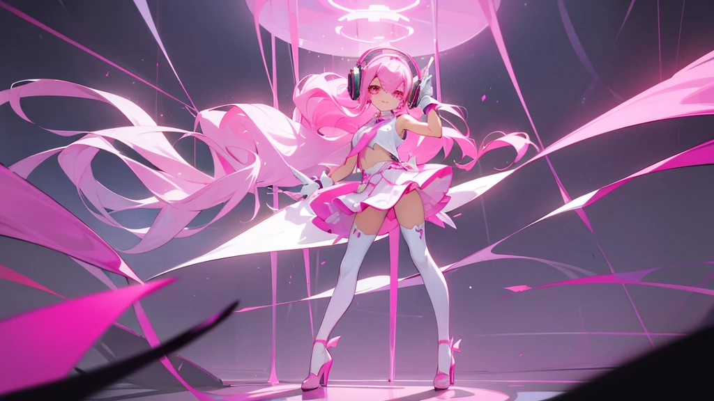 A woman with pink hair, long hair, has robotic headphones and pink eyes, has a cute face, wears a white sleeveless shirt with a pink skirt.  There's a pink tie. Wear white gloves, pink cuffs, and long white stockings. Pink high heels Standing and posing like an idol