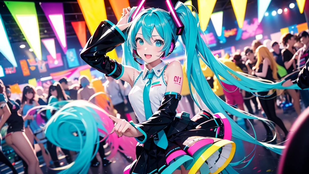 This painting depicts an active and colorful dance party scene featuring Hatsune Miku.。Colorful neon lights are shining all around.。