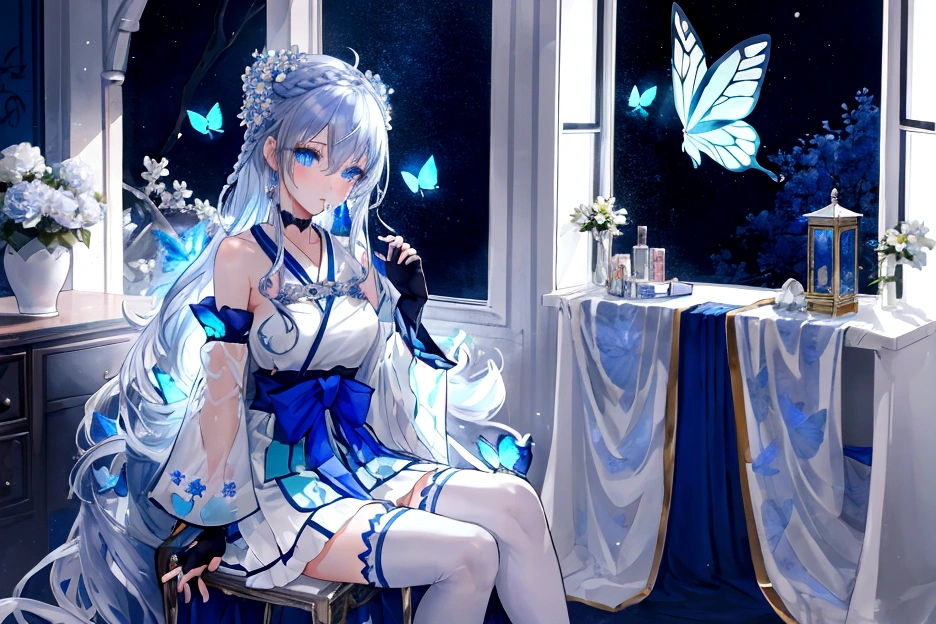 (俯瞰figure),Dynamic Angle,Super detailed, figure, close, Straight, One girl, (Fantasy:1.4), (blue eyes:1.233),Her eyes shone like dream-like stars,(Glowing Eyes:1.233),(Beautiful and detailed:1.1),(Silver Hair:1.14),(Messy Hair,Very long hair,French Braid,Hair between the eyes,Side Lock), (+(Blue Hair Flower:1.14)),(Chiffon dress,blue floral pattern on uniform)/=(uniform:1.24),(Removable sleeves,Wide sleeves),(Fingerless gloves),choker,(Shrine Maiden Knee Socks),High heel boots,(Expressionless,Mouth closed),(Are standing), (In the white ancient palace、Classic princess bedroom with dressing table and French windows),(White flower,bloom),(Deep Sea),(water flowing),(Dull Blue World Tree:1.14),(Remains),(night:1.2),dream-like,soul,(fluorescence),(Flying translucent blue butterfly:1.15), [[Delicate fingers and hands:0.55]::0.85],(Finger details),(Soup packets:0.5),