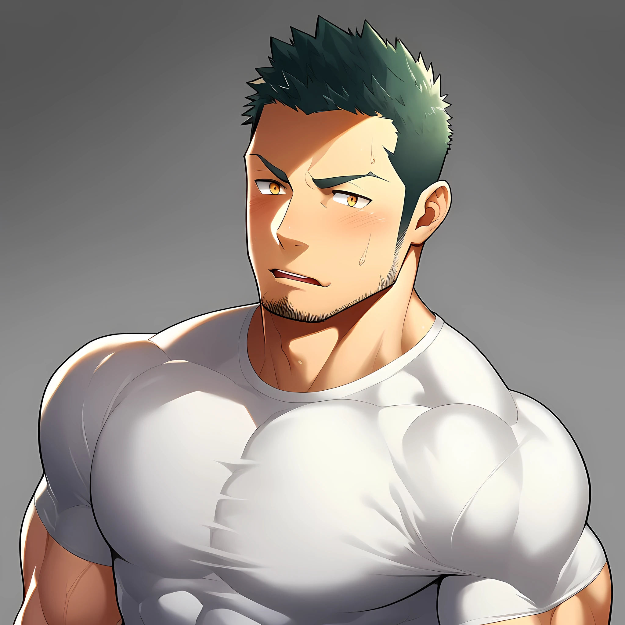anime characters:Gyee, Priapus,Muscle Sports Student, 1 muscular tough guy, Manliness, male focus, Light yellow high collar long sleeve tight T-shirt, Very tight, The clothes were soaked with sweat, The pectoral muscles are oversized, Slightly transparent, muscular male, muscular, only, Upper body, alone, Black short hair, Thick eyebrows, stubble, Yellow eyes, Grey background, simple background, amazing quality, best aesthetics, Ridiculous, bright pupils, crew cut, parted lips, shy, blush, moaning, saliva trail, drop shadow, best quality