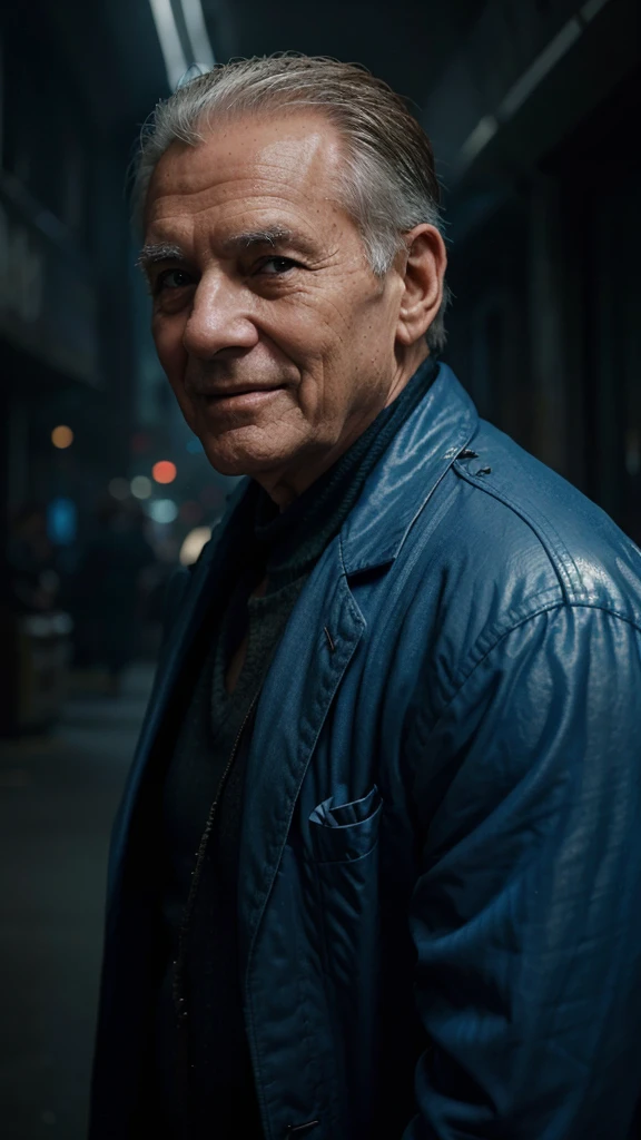a wise old man smiled, 4k realistic imagery, blue scenery like a movie scene, old american setting, inspired by blade runner movie scene, blue tone,