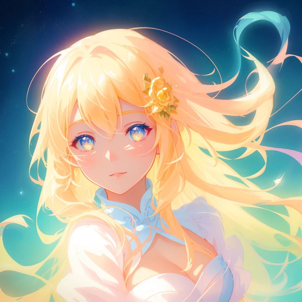 beautiful girl, simple white dress, vibrant pastel colors, (colorful), magical lights, long flowing golden hair, inspired by Glen Keane, inspired by Lois van Baarle, disney art style, by Lois van Baarle, glowing aura around her, by Glen Keane, jen bartel, glowing lights! digital painting, flowing glowing hair, glowing flowing hair, beautiful digital illustration, fantasia background, whimsical, magical, fantasy, beautiful face, ((masterpiece, best quality)), intricate details, highly detailed, sharp focus, 8k resolution, sparkling detailed eyes, liquid watercolor