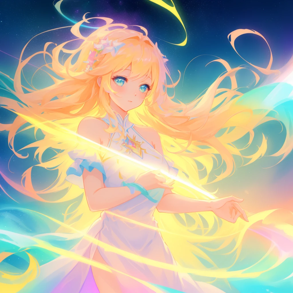 beautiful  girl, simple white dress, vibrant pastel colors, (colorful), magical lights, long flowing golden hair, inspired by Glen Keane, inspired by Lois van Baarle, disney art style, by Lois van Baarle, glowing aura around her, by Glen Keane, jen bartel, glowing lights! digital painting, flowing glowing hair, glowing flowing hair, beautiful digital illustration, fantasia background, whimsical, magical, fantasy, beautiful face, ((masterpiece, best quality)), intricate details, highly detailed, sharp focus, 8k resolution, sparkling detailed eyes, liquid watercolor