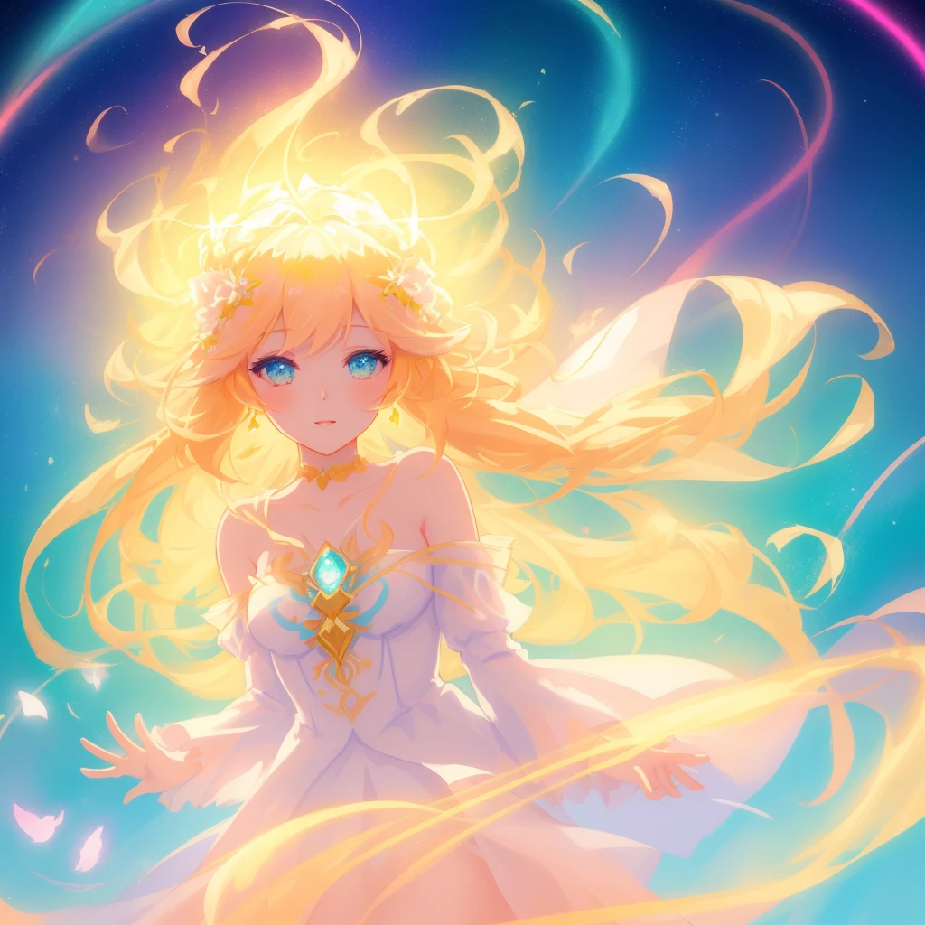 beautiful girl, simple white dress, vibrant pastel colors, (colorful), magical lights, long flowing golden hair, inspired by Glen Keane, inspired by Lois van Baarle, disney art style, by Lois van Baarle, glowing aura around her, by Glen Keane, jen bartel, glowing lights! digital painting, flowing glowing hair, glowing flowing hair, beautiful digital illustration, fantasia background, whimsical, magical, fantasy, beautiful face, ((masterpiece, best quality)), intricate details, highly detailed, sharp focus, 8k resolution, sparkling detailed eyes, liquid watercolor