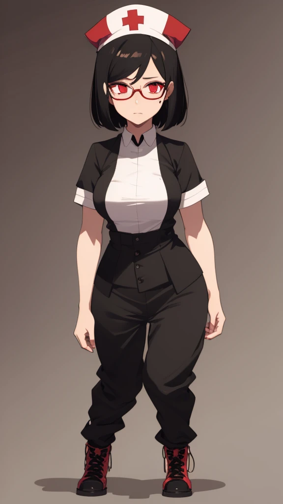 1girl,{Zombies},black hair,short hair,red eyes,wearing glasses,nurse hat,medium breast,sweat,long black boots,standing,nurse suit