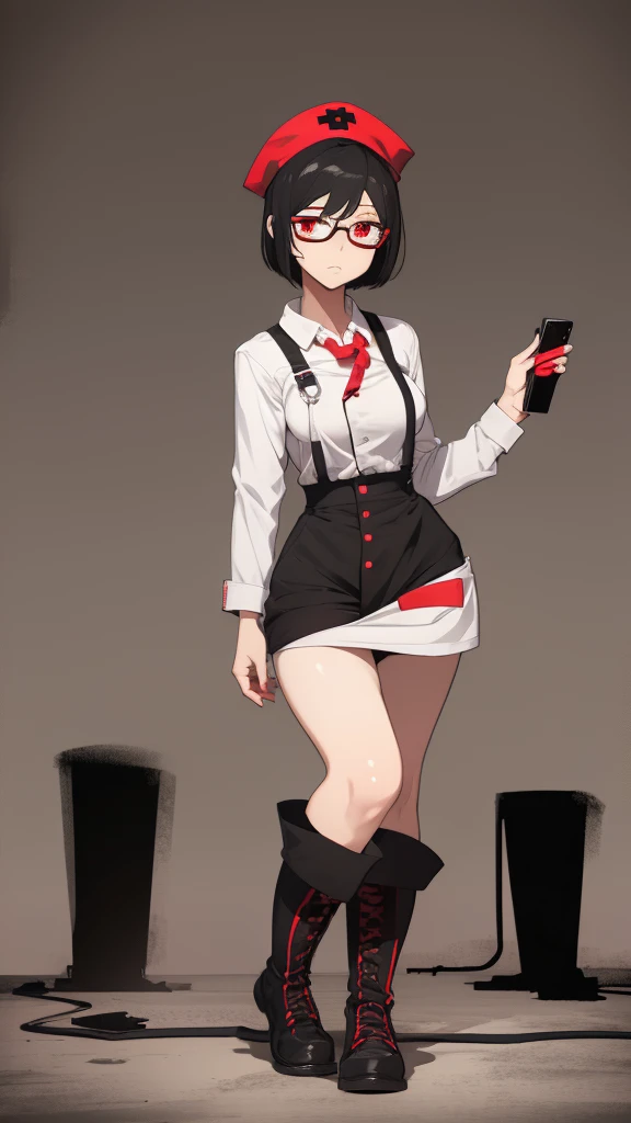 1girl,{Zombies},black hair,short hair,red eyes,wearing glasses,nurse hat,medium breast,sweat,long black boots,standing,nurse suit