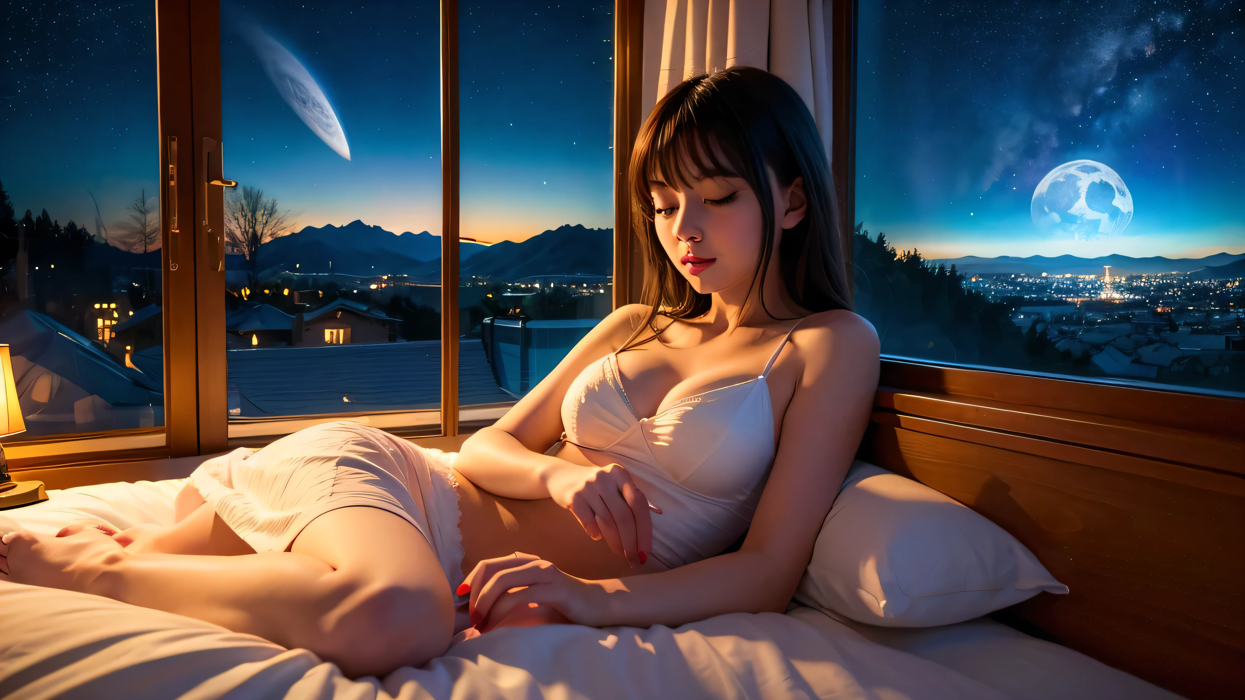 Woman sleeping in bed，Outside the window, there is a starry sky, quiet night. Moonlit Night,Digital Illustration, Dream Night, digital art Ilya Kuvshinov, Anime Art Wallpapers 8K, 4K anime wallpaper, Ilya Kuvshinov. 4K, Anime Art Wallpaper 4K, Anime Art Wallpaper 4K, anime wallpaper 4K, anime wallpaper 4K