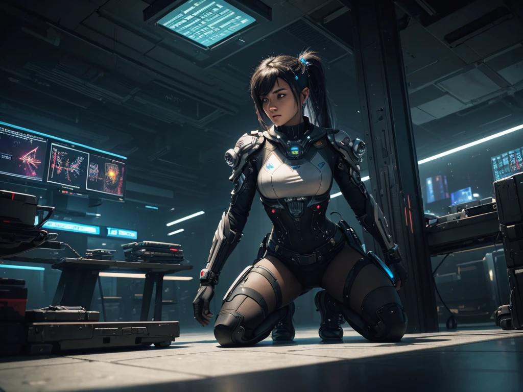 ((Best quality)), ((masterpiece)), (Very detailed:1.3), eve, star blade, 3d, Beautiful (Cyberpunk:1.3) Female hacker, Mohican hairstyle, kneeling on the ground, Thick hair, working with computer terminals, head-mounted displays, computer servers, LCD screen, fiber optic cables, Company logos, HDR (high dynamic range), ray tracing, NVIDIA RTX, Super resolution, Unreal 5, Subsurface scattering, PBR-текстуры, Post-processing, Anisotropic filtering, depth of field, Maximum sharpness and sharpness, Multilayer textures, Albedo and map highlighting, Surface Shading, Accurately simulate the interaction of light and material, Ideal ratios, Octane rendering, Two-tone lighting, Low ISO, White balance, Rule of thirds, Wide aperture, 8K raw, efficient sub-pixels, subpixel convolution, Glowing particles, dynamic pose