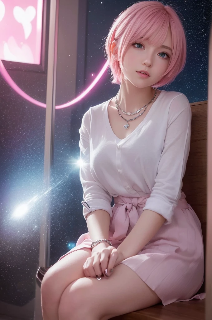 (8k high quality), (2d high quality), (high anime quality), (beautiful young girl), (beautiful face), (shining, short pink hair), (galaxy blue eyes, almond shape eyes), (shining smooth skin), (beautiful thin eyebrow), (beautiful wristwatch), (beautiful silver necklace with heart pendant), (beautiful white school uniform), (grinning)
