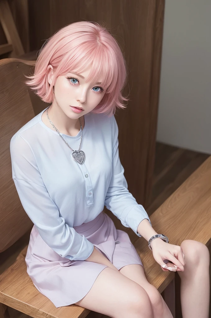 (8k high quality), (2d high quality), (high anime quality), (beautiful young girl), (beautiful face), (shining, short pink hair), (galaxy blue eyes, almond shape eyes), (shining smooth skin), (beautiful thin eyebrow), (beautiful wristwatch), (beautiful silver necklace with heart pendant), (beautiful white school uniform), (sitting straight forward).