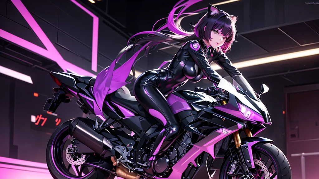 The image shows an illustrated character sitting on a motorcycle.. The character has short hair and wears a suit with black-violet colors and yellow neons that surround his prominent bodysuit.... The motorcycle looks big and futuristic., same color palette with elegant lines and luminous elements. The background suggests an urban environment illuminated with neon lights., possibly at night. There are various shapes and patterns reminiscent of digital or cybernetic motifs..., contributing to the overall sci-fi look of the image.. I imagine this girl with a futuristic appearance and full of mystery.. His body is wrapped in a purple and black jumpsuit.., Shiny chains entwine around his arms and legs., as if they were metallic tattoos. The three-strand necklace, with its padlock in the shape of digits, It is their symbol of submission and devotion.. Her red hair falls in waves over her shoulders..., and his green eyes shine with a mixture of passion and obedience. The black dress fits her curves., enhancing her voluptuous figure. Each chain that tightens around her skin is a reminder of her role as a beloved slave.... In the dark garage, the girl prepares for her master. The cyberpunk motorcycle awaits you, Its shiny surface reflects the neon lights of the city. The cat-shaped helmet gives it a mysterious look., and the tail that extends from the back of the seat seems to have a life of its own. She rides the motorcycle with grace., speeding into the night. The wind whistles in his ears as he walks through the dark streets., ready to carry out your master'orders. In this futuristic world, where technology and passion intertwine, she is his slave, your confidant and your lover. The girl with the chains and a cyberpunk motorcycle is an enigma, a mixture of desire and slavery. Their story unfolds under the twinkling lights of the city.., and his figure becomes a legend in the night streets. SIMILAR TO IP:but