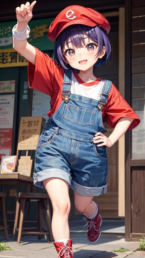 Small and slightly rounded body type。Overall it's cute、Gives a slightly childish impression。
Round face。Plump cheeks。
Big, round eyes。The eyes are black、Big eyes like an anime character。
Narrow and arched、Gives a gentle and cute impression。
the nose is small and round,。
The mouth is small、When you smile, both ends rise。A bright and cheerful smile。
Hairstyle:has short purple hair、The bangs are blunt。
He is wearing large round glasses.。Wearing a red cap、In front of the cap「Arare」it is written like this。Long blue overalls and a white T-shirt、Yellow Boots。
Raise your right hand high「Uncha」" he said cheerfully.。The left hand is on the hip。