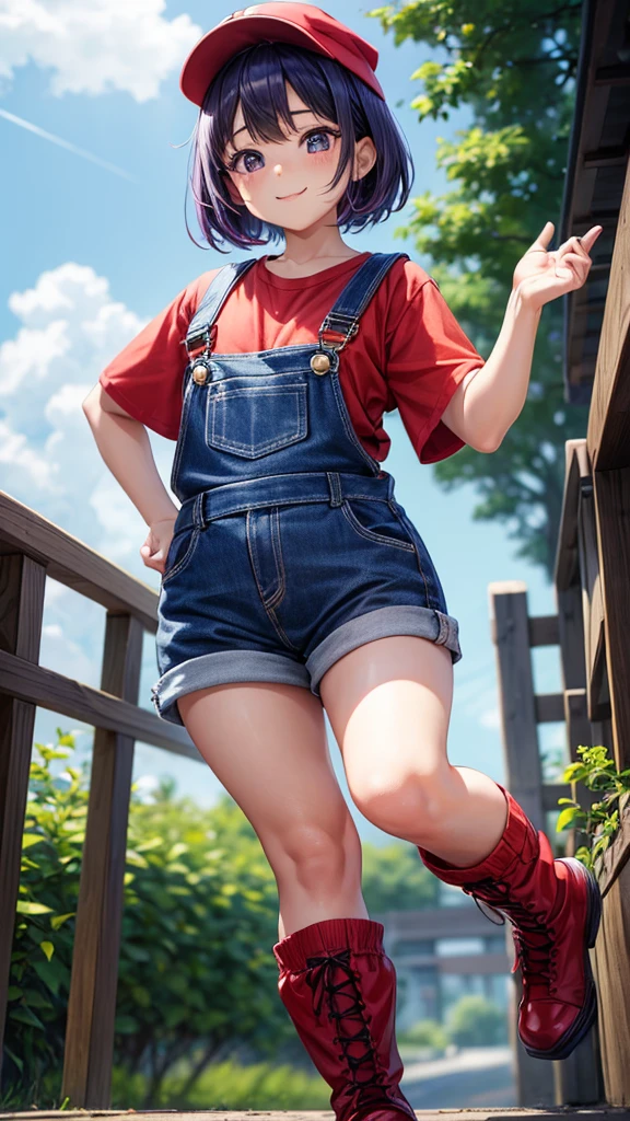 A girl in tight overalls imitating Pikachu.