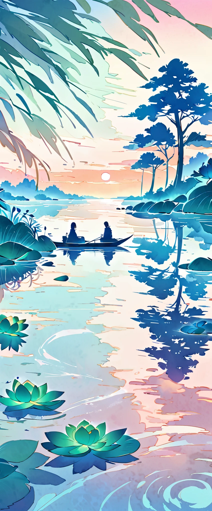 (best quality,high resolution:1.2),Very detailed,Practical,landscape,Pond in the evening,beautiful reflexions,Peaceful atmosphere,Soft sunlight,Calm Water,Lush green vegetation,Peaceful environment,A calm and peaceful scene,nature,Subtle color palette,Soothing atmosphere,breeze,Slender reed,Birdsong in the distance,Vibrant colors,Sunset tones,Majestic and beautiful,Crimson and gold sky,Like a dream,Vague,Water lily floating,Underwater rocks,Rippled pattern on water surface,Sublime tranquility,balance,Relaxed and elegant composition