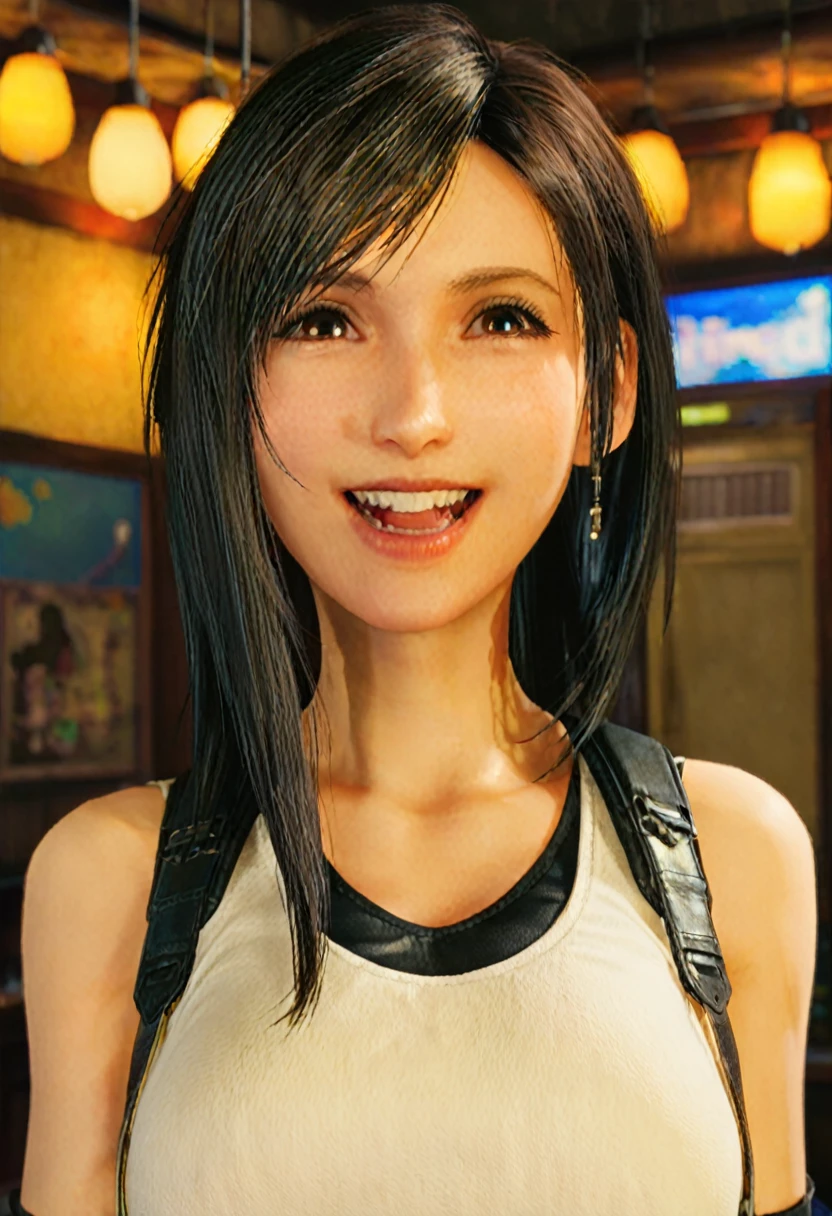 score_10, score_9, score_8_up, score_7_up, BREAK, source_game, realistic, 3D, CG, looking at viewer, dutch angle, solo, 1girl, (tifa7re), smile, (very tight white shirt, black micro skirt), (tarechichi, huge sagging breast), long erect nipples, dirty dark large areola, puffy nipples, milf, underarm black hair damp with sweat, natural armpit hair, Unshaven black Pubic Hair, skinny, slim, standing