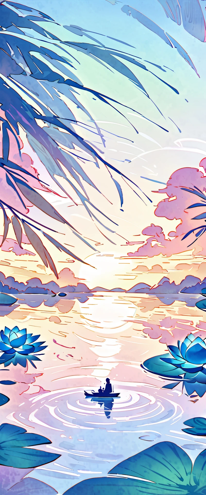 (best quality,high resolution:1.2),Very detailed,Practical,landscape,Pond in the evening,beautiful reflexions,Peaceful atmosphere,Soft sunlight,Calm Water,Lush green vegetation,Peaceful environment,A calm and peaceful scene,nature,Subtle color palette,Soothing atmosphere,breeze,Slender reed,Birdsong in the distance,Vibrant colors,Sunset tones,Majestic and beautiful,Crimson and gold sky,Like a dream,Vague,Water lily floating,Underwater rocks,Rippled pattern on water surface,Sublime tranquility,balance,Relaxed and elegant composition