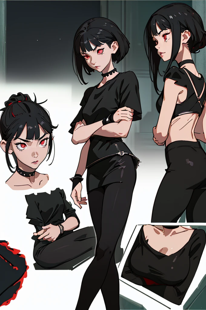 (master piece, high quality, 8k) (full body) (same character front, back, side view) (model sheet) (multiple views of the same character) . 8k, (RAW photo, best quality), beautiful red eyes, anime woman, perfect anatomy, delicate and cute face, short black hair, skin very white, black nails, black lips, wearing black leggins, small black t-shirt, black choker with spikes, black bracelets