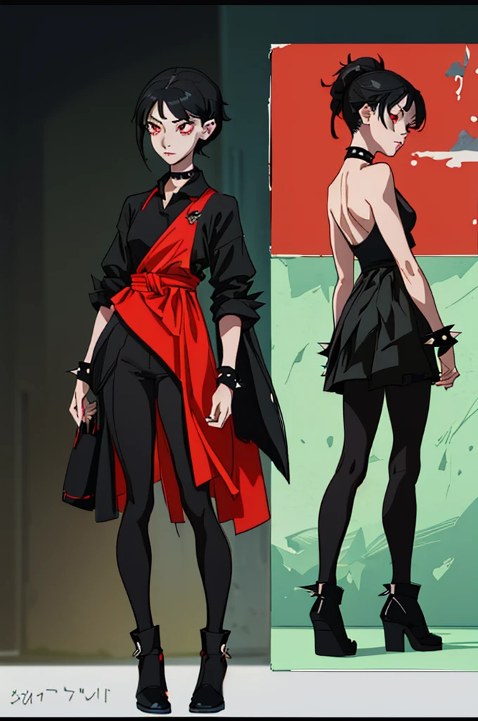 (master piece, high quality, 8k) (full body) (same character front, back, side view) (model sheet) (multiple views of the same character) . 8k, (RAW photo, best quality), beautiful red eyes, anime woman, perfect anatomy, delicate and cute face, short black hair, skin very white, black nails, black lips, wearing black leggins, small black t-shirt, black choker with spikes, black bracelets