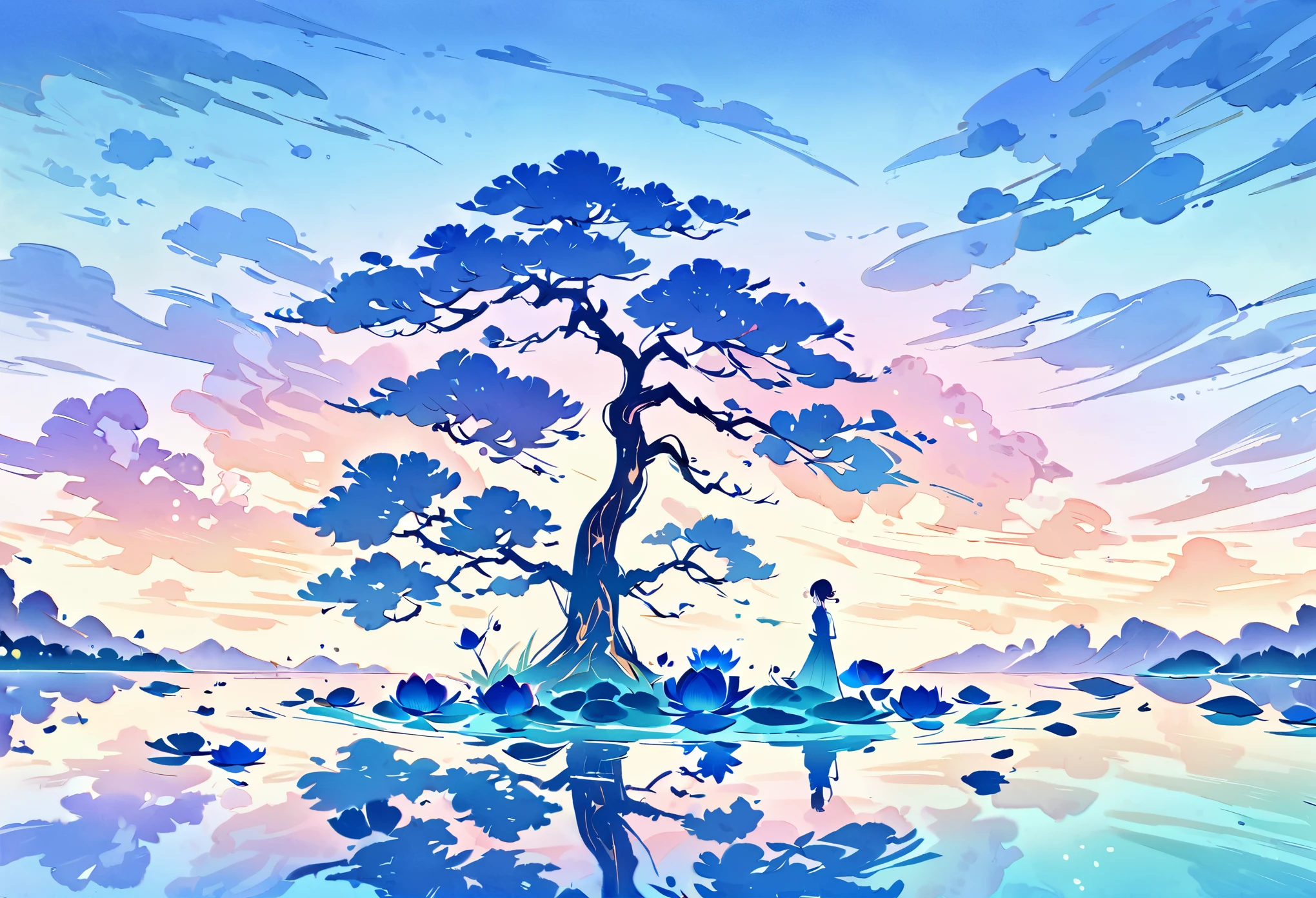 (best quality,high resolution:1.2),Very detailed,Practical,landscape,Pond in the evening,beautiful reflexions,Peaceful atmosphere,Soft sunlight,Calm Water,Lush green vegetation,Peaceful environment,A calm and peaceful scene,nature,Subtle color palette,Soothing atmosphere,breeze,Slender reed,Birdsong in the distance,Vibrant colors,Sunset tones,Majestic and beautiful,Crimson and gold sky,Like a dream,Vague,Water lily floating,Underwater rocks,Rippled pattern on water surface,Sublime tranquility,balance,Relaxed and elegant composition