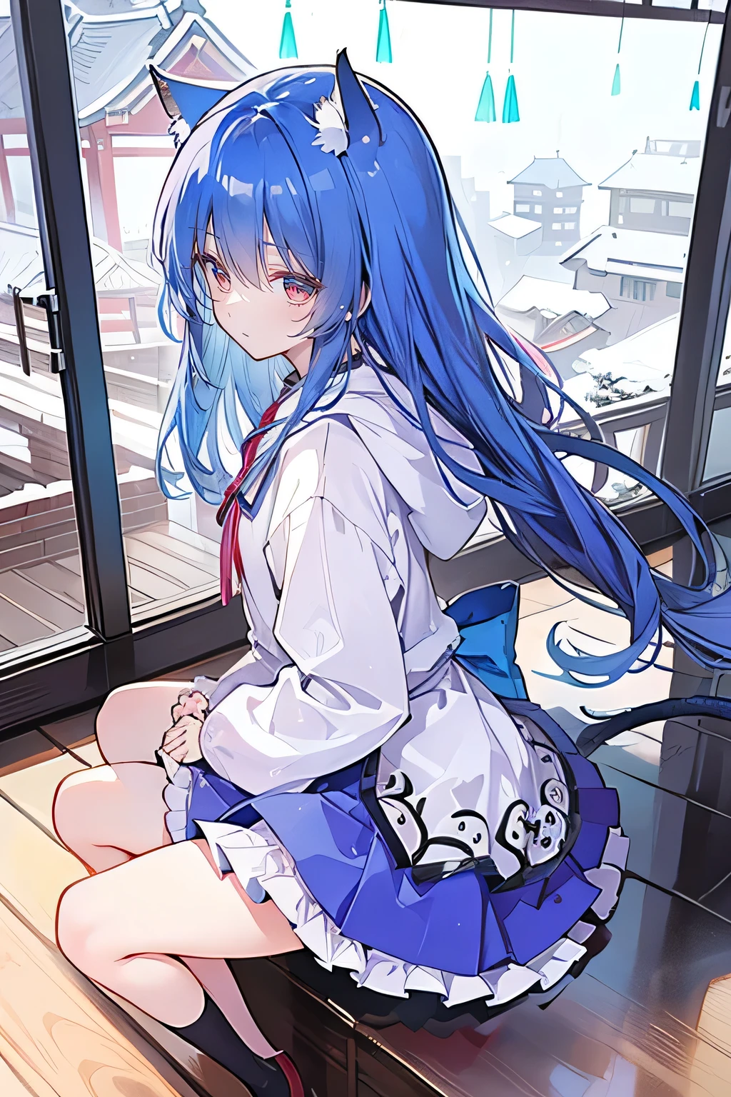 （masterpiece：1.2），Super detailed，lifelike，Expressive eyes，fair skin，perfect face shape，1 girl，
Japanese comics,Gorgeous blue hair,flowing blue hair,flowing clothes,Cat ears,Petals fall,beautiful lola,Baby Angel,
Cross your legs，Gentle and peaceful background，The pavilion is cool and comfortable,smile, wearing hoodie, background of tokyo,back views,snowing, winter，With angel wings。