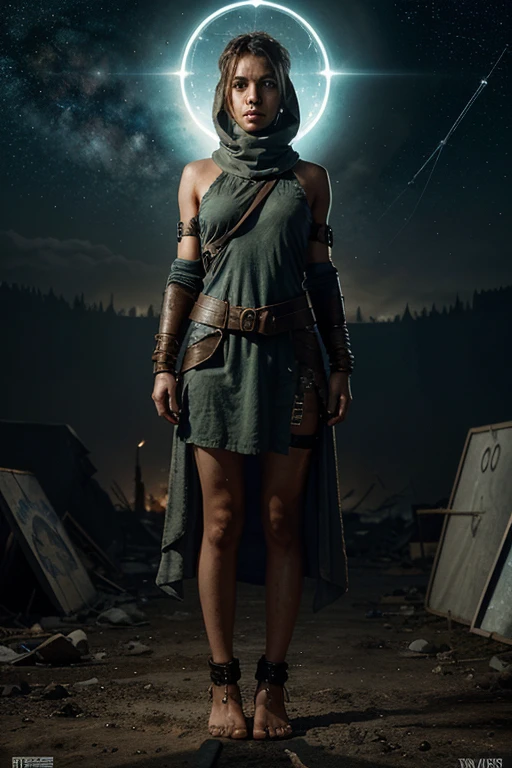 A warrior girl in an apocalyptic world that has become a technobureaucracy. She believes in God and the Stars, she is dressed in a tunic that covers her from shoulders to bare feet. He&#39;s humble, the dress a little damaged but elegant. She looks like a goddess, but it is profoundly human, she is poor but has strong arms and legs and very feminine breasts, like Venus. He is of Russian origin, It comes from Siberia but also has something of the Middle East. Slightly dark skin but long blonde hair. She will save the world