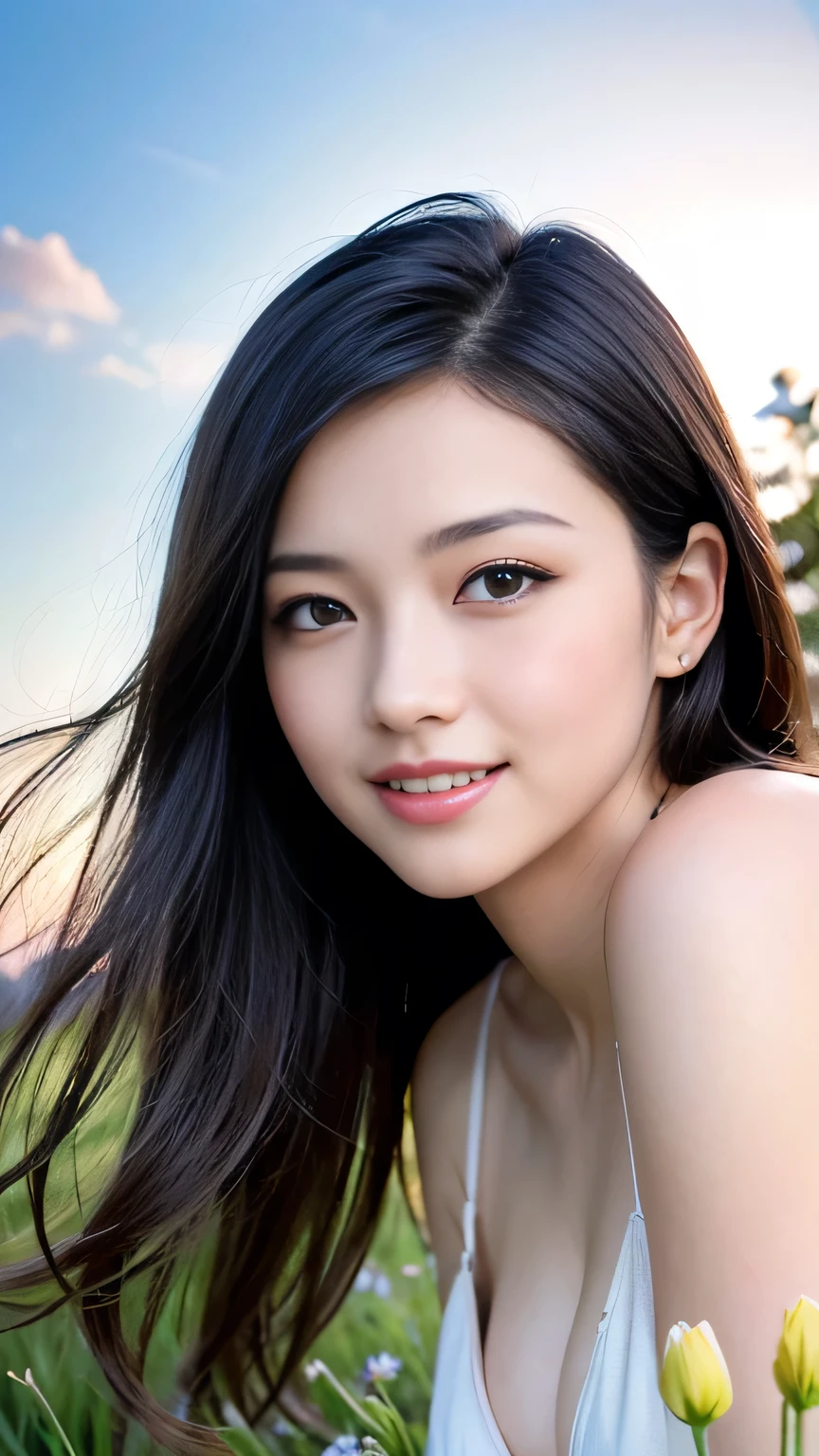 (((Unity 32K Wallpapers,RAW Photos,At 32K、Ultra-high resolution、Best image quality、Highest quality、32k resolution、pHot Realistic1.5、The sharpest picture quality、Clear images、Masterpiece、Portraits:1.pHot Realistic, masterpiece: 1.Hot Realistic、Sharp focus、High resolution,An illustration、Super quality、Are you okay、Perfect dynamic composition、))),An award-winning illustration、(Intricate details: 1.2)、(Subtle details)、(Cinematic Light、bloom、sunlight、Ray Tracing、Detailed Shadows)、Clear lines、Sharp focus、Official Art、Unbelievably absurd、Large file size、Very detailedな、Very detailed、Very delicate and beautiful、RAW Photos、The light shines on your face、Depth of written border、Focus Only、(wind:1.1)、1 Girl、smile、(Standing position:1.2)、(Big Breasts、Cleavage)、(Detailed face、Beautiful Eyes、Beautiful lip detail、Long eyelashes、Realistic Skin、White skin、Delicate skin texture、Long Hair)、Small earringeanwhile))、((zero、grassland、Sea of Flowers))、Purelos Face_v1、URZAN-6500-v1.1、(((squat、smile、Flower picking、Low angle 1.3、Angle 1 from below.4)))