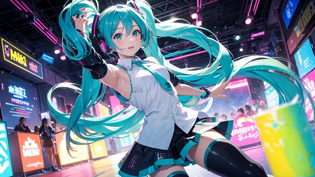 This painting depicts an active and colorful dance party scene featuring Hatsune Miku.。Colorful neon lights are shining all around.。