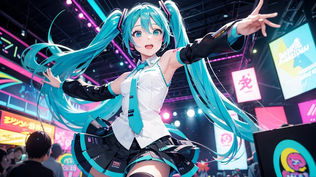 This painting depicts an active and colorful dance party scene featuring Hatsune Miku.。Colorful neon lights are shining all around.。