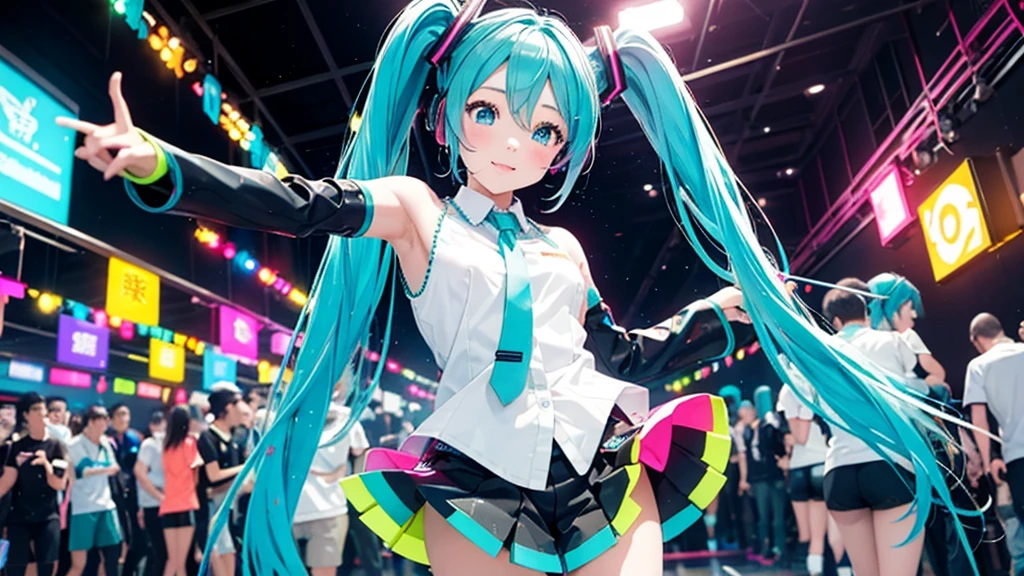 This painting depicts an active and colorful dance party scene featuring Hatsune Miku.。Colorful neon lights are shining all around.。